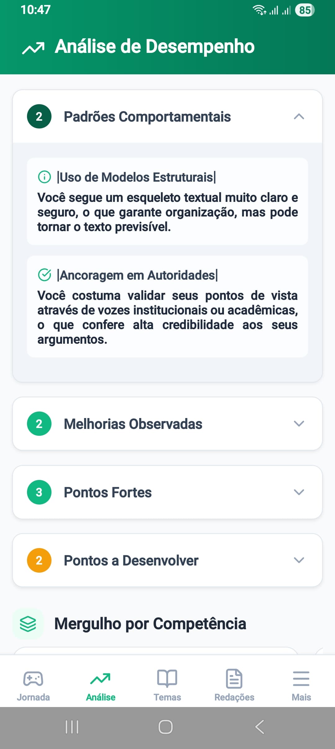 Tela de Padrões Comportamentais do Revisa AI