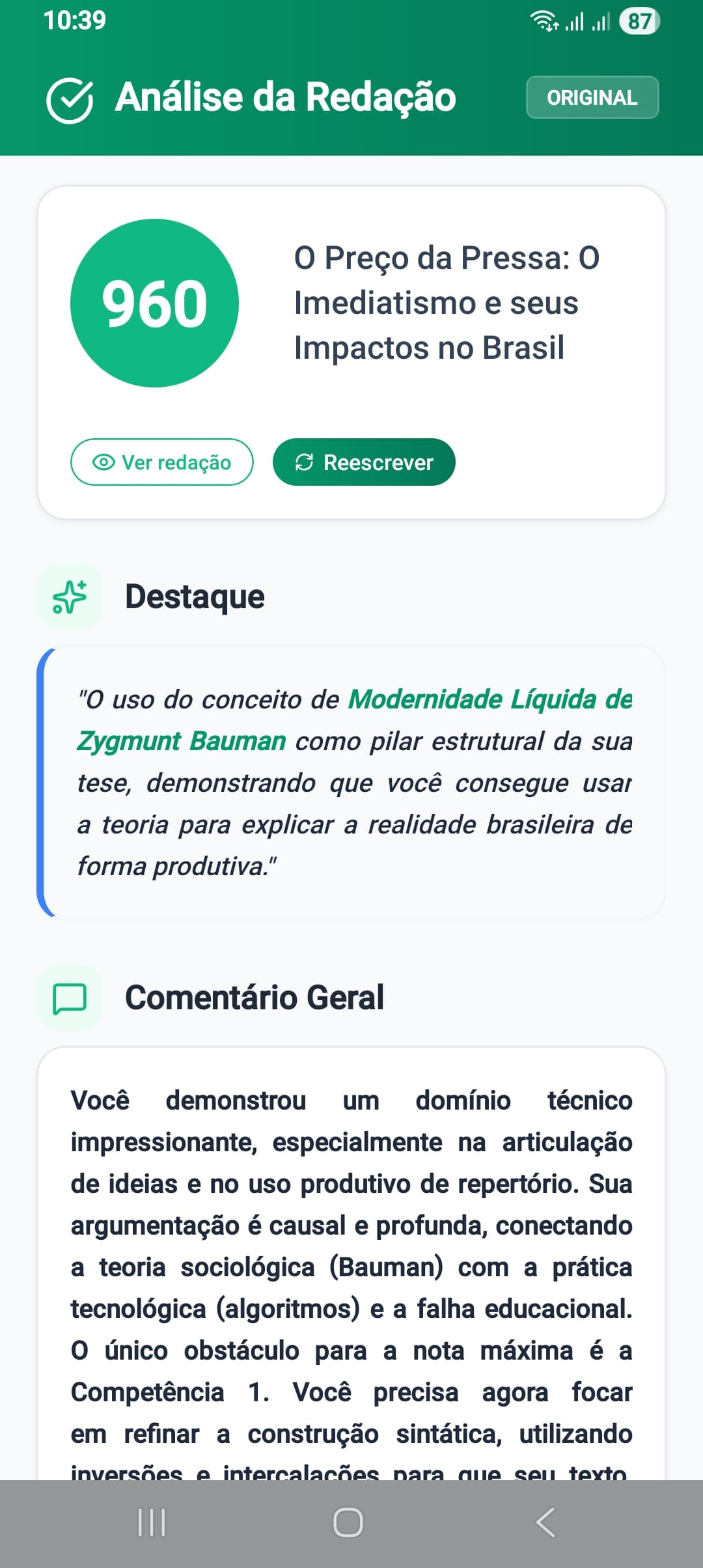 Tela de Análise da Redação do Revisa AI com nota 960 e feedback detalhado